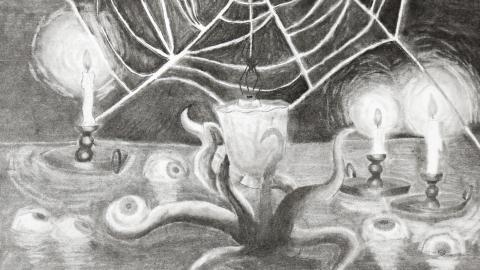 A drawing featuring spider webs, tentacles, and candles. A work of visual art.