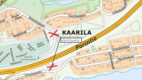 Kaarilankadun liikennejärjestelyt kartassa kuva, mistä katu on poikki.