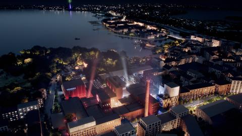 Yöllinen havainnekuva Hiedanrannan Tehtaan kulttuurikokonaisuudesta.