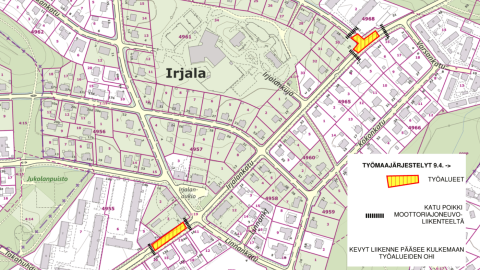 Irjalankadun katutyömaat Kolarinkadun rissteyksessä ja ennen Linnankadun risteystä.