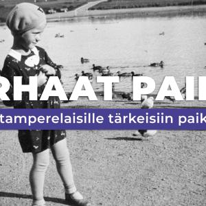 Tyttö mekossa ja baskeri päässä sorsien edessä Sorsalammen rannalla. 