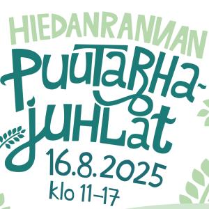 The banner reads Hiedanranta Garden Party 16.8.2025 from 11-17.Green leaves in the background.