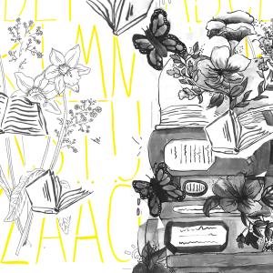 Kuvakollaasi, jossa on kirjoja, kukkia ja perhosia. Kuvataidetyö.