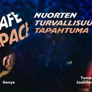 The dark background photo shows two people. On the left is red-haired rapper Senya. On the right is a dark-haired man, Tomas Jouhilampi. In the middle are the words Safe Space, a youth safety event.