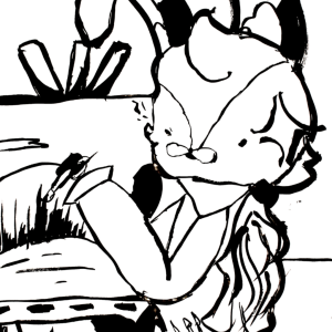 Mustepiirros, jossa pupu maalaa taulua.