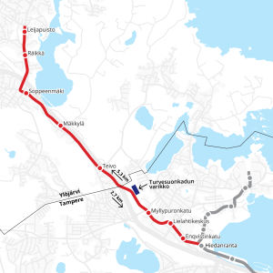 Kartta, jossa Ylöjärven suuntaan suunniteltu raitiotie