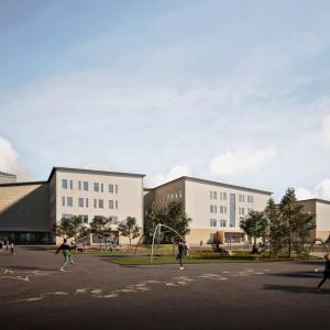 Havainnekuva tulevasta Kaukajärven koulusta ja päiväkodista.