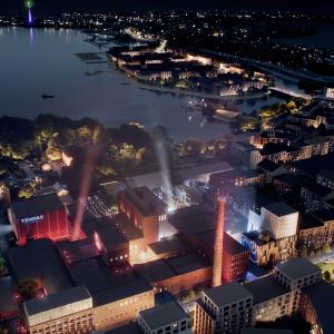 Yöllinen havainnekuva Hiedanrannan Tehtaan kulttuurikokonaisuudesta.