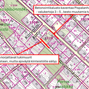 Karttakuva Provastinkadusta. Kuvassa kerrotaan, että Provastinkadulla korjattavien tukimuurien sijainti ja mistä katua kavennetaan. Lisäksi kerrotaan, missä betonointikalusto kaventaa Pispalanharjun ajorataa.
