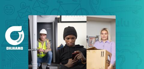 Nuori mies työskentelemässä, toinen selaamassa kännykkää ja nuori nainen kantamassa laatikkoa