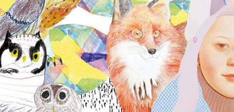 Graafinen pöllö, kettu ja ihmishahmo.