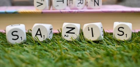 Kirjainpalikoita nurmikolla kirjan edessä.