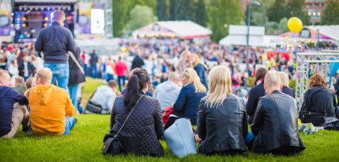 Yleisöä istuu nurmikolla Tammerfestissä.