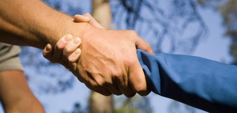 Hands of two people holding each other.