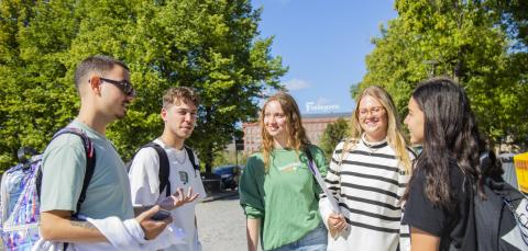 Joukko nuoria aikuisia keskustelemassa ulkona kesällä.