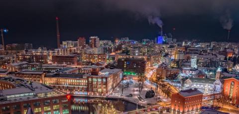 Tampere on a winter night shot from aerial perspective.
