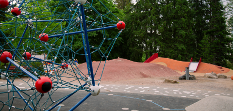 View from a playground. In the foreground, a blue atom-shaped climbing frame with a small slide in the background and coniferous trees behind them.