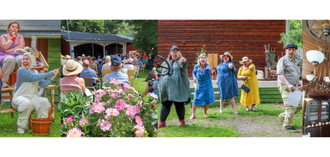 Characters from play, Coffee Chamber and audience listening music in park concert.