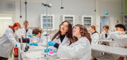 Luonnontiedelinjan opiskelijat tekemässä mittauksia oppitunnilla.