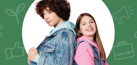 Kaksi nuorta seisovat valko-vihreää taustaa vasten. Taustalla näkyy erilaisia ikoneja, kuten polku, salkku, opastekyltti ja megafoni.