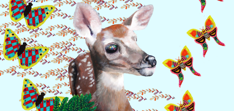 Kuvataidekollaasi, jossa on peura ja perhosia.