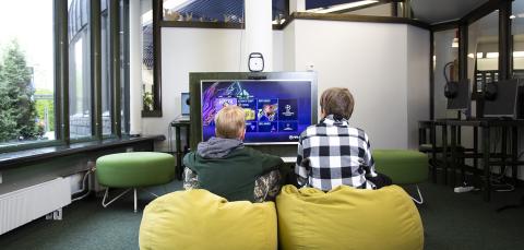 Kaksi poikaa pelaa kirjastossa pelikonsolilla.