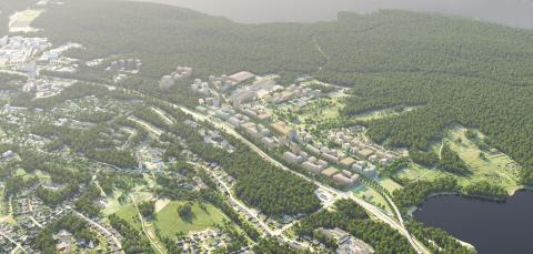 Havainnekuva rakennusmassoista Kaupinlaakson suunnitelman mukaisesti ilmaperspektiivissä.