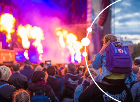 A concert view, a little girl's back is in the front of a picture. 