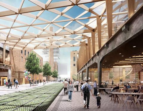 Havainnekuva hiedanrannasta ja raitiovaunusta.