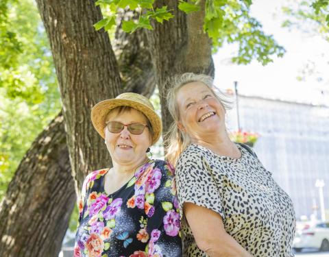 Kaksi iloista naista selät vastakkais kesällä puistossa.