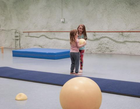 Kaksi pikkutyttöä leikkii pallolla liiikuntasalissa.