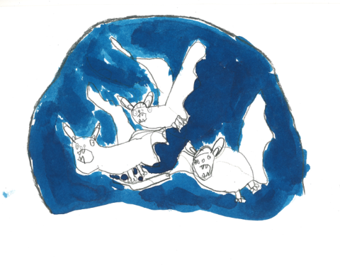 Piirretyt lepokot sinisellä taustalla