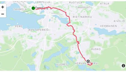 Kartta, josta näkyy ratikkapatikan reitti Pyynikintorilta Hervantajärvelle.