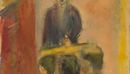 Demosthenes-lehden kansi, jossa on piirrettynä kaksi henkilöä.