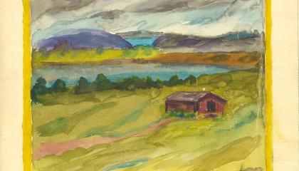 Harmaat Laitumet -lehden kansi, jossa on maalaus maalaispeltomaisemasta.