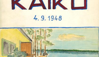 Kesäpirtin Kaiku -lehden kansi, jossa on piirroskuva kalliolla uivista henkilöistä.