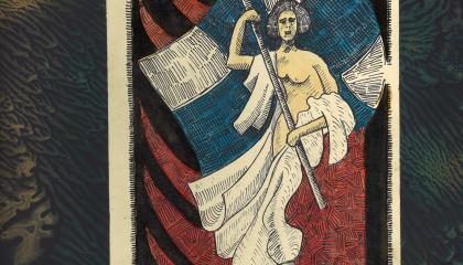 Sarastus-lehden kansikuva, jossa on Suomen lippu ja henkilö pitelee kädessään astaloa.