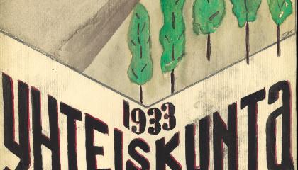 Yhteiskunta-lehden kansikuva, jossa on piirrettynä puita.