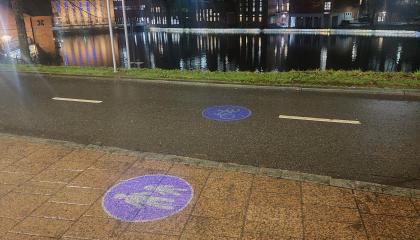 Kadulle valolla heijastetut liikennemerkit kävely- ja pyörätiellä Koskipuiston kohdalla.