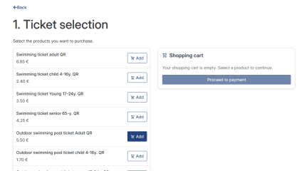 Screencapture of sport services online shop. Ticket selection.