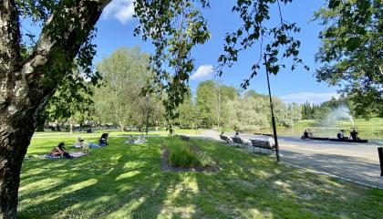 Kesäpäivää viettäviä ihmisiä Sorsapuistossa.