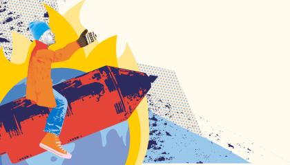 Piirros, jossa henkilö lentää raketilla palavasta Maasta.