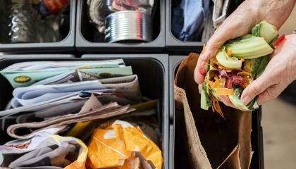 Lajiteltua pahvia, paperia, metallia ja biojätettä kodin jäteastioissa.