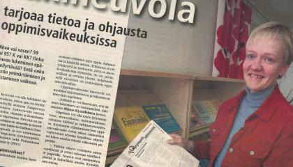 Kuvituskuva. Lukineuvola-hanke Tampere-lehden sivulla. Henkilö pitelee kirjaa kädessään.