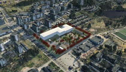 Kuvassa kaupunkimalliin sovitettu koulua hahmotteleva havainnekuva.