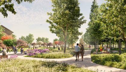 Havainnekuva Hiedanrannan keskuspuiston keskiosasta.