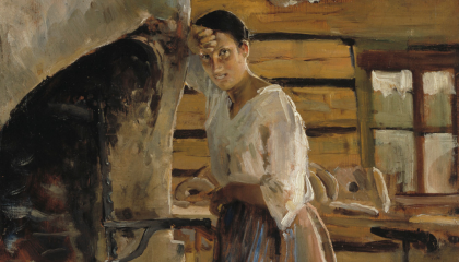 Maalaus. Henkilö nojaa uuniin. Taustalla hirsiseinä ja ikkuna.