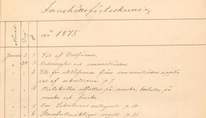 Kaupunginvaltuuston esityslistaa vuodelta 1875.