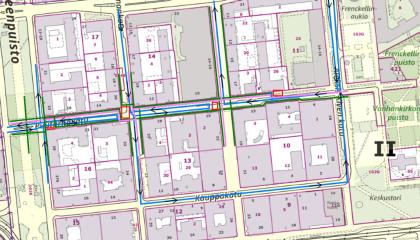 Puutarhakadun työmaan kulkureitit kartalla