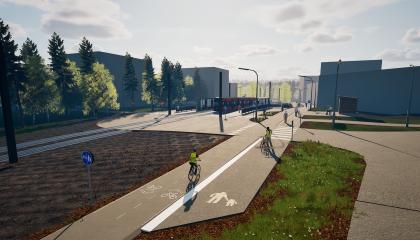 Havainnekuva raitiotiepysäkistä, etualalla raide ja katua.